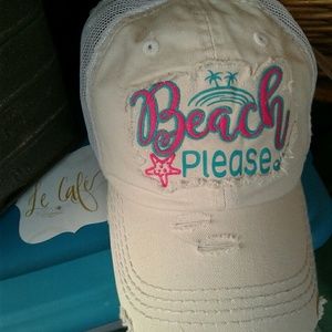 BEACH PLEASE Distressed Trucker Hat